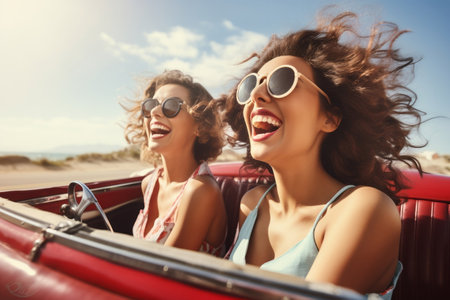 Vacation fun lifestyle women young friends happy car smile summer person holiday travelersの素材