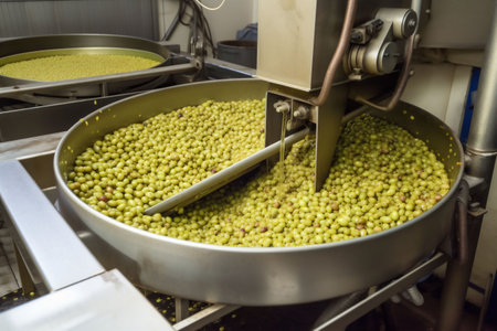 olive industrial factory food industry liquid oil tanks machinery production. Generative AI.の素材