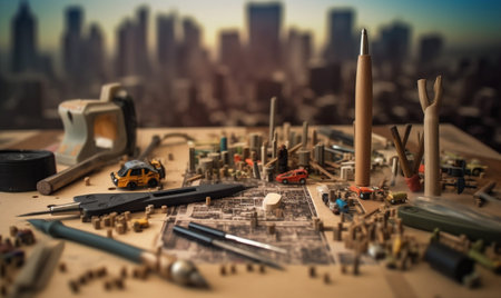 project building industry helmet blueprint architecture plan architect model drawing construction. Generative AI.の素材