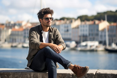 Man person outdoors male caucasian city sitting looking young guy lifestyleの素材