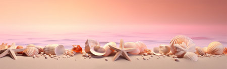 tropical summer ocean sand shell banner sea holiday beach nature. Generative AI.の素材