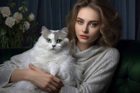 Woman pretty female young kitten domestic cute beauty animal cat home person petの素材