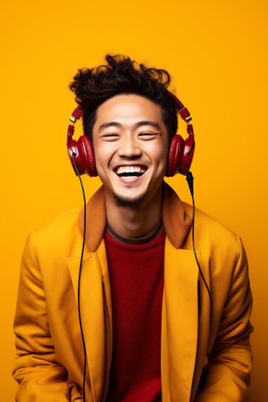 Young male earphones music men adult happy headphone technology listen person cheerful guy handsomeの素材