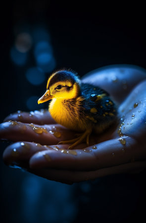 little child bird farm girl close-up yellow duckling hand duck. Generative AI.の素材
