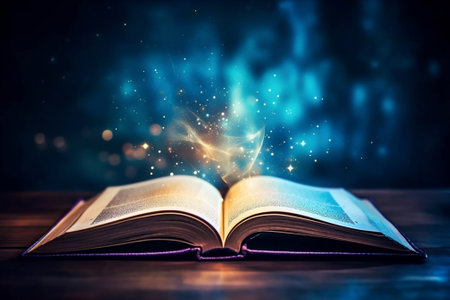 Open paper magical book light dream education dark fantasy library literatureの素材