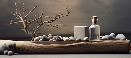 layout cosmetic natural nature branch background tree bottle product plant tree beauty. Generative AI.の素材