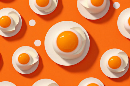 pattern texture healthy uncooked breakfast food easter yellow egg white background. Generative AI.の素材