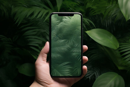 phone in hand with a photo of tropical leaves, screenshot, modern technologyの素材