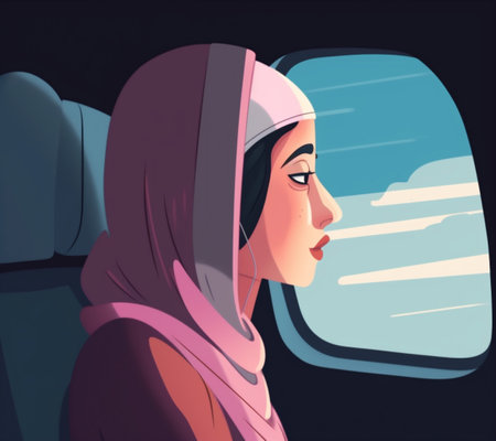 window woman passenger trip plane porthole journey seat character transportation flight. Generative AI.の素材