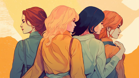 woman female face social adult young together group diversity girl black. Generative AI.の素材