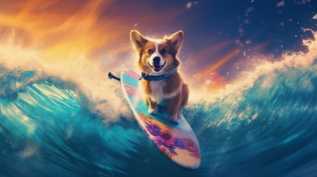 dog animal surfer wave ocean beach summer funny puppy vacation. Generative AI.の素材