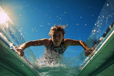 Young underwater fun pool caucasian sport blue person summer waterの素材
