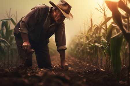 Farmer man green farmland rural farming organic nature agricultural field plantの素材