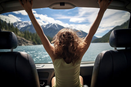 Female person driver beautiful freedom summer women vacation lifestyle car traveler young tripの素材