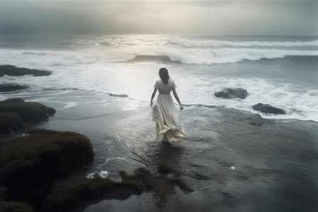 woman storm ocean sky nature sea summer beach water cloud dress. Generative AI.の素材