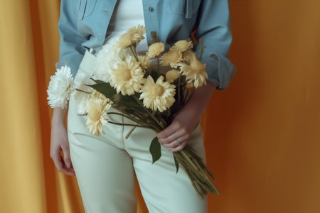 woman white floral bouquet nature flower sweater hand blue romantic yellow. Generative AI.の素材