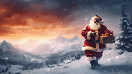 christmas sky snow nature santa night winter holiday mountain costume. Generative AI.の素材