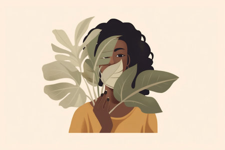 trendy woman palm print fashion abstract poster leaf design beige art. Generative AI.の素材