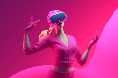 virtual woman sport reality vr neon glasses digital game innovation cyberspace. Generative AI.の素材