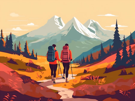 man woman forest nature fire adult background hike camping tent illustration vacation couple. Generative AI.の素材