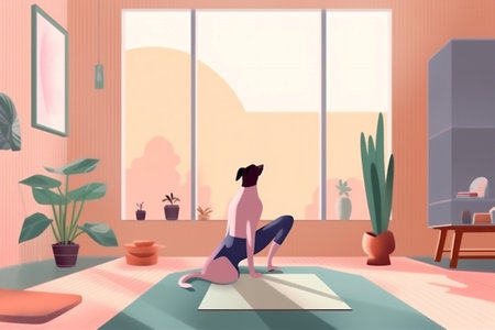 dog woman training sport sportswear home fitness yoga body cartoon lifestyle. Generative AI.の素材