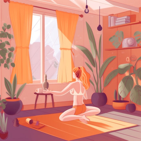 dog woman sport fitness lifestyle training body yoga pose cartoon home. Generative AI.の素材