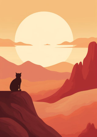 Sunset landscape black cat silhouette background illustration night nature sun sky moonの素材