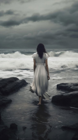woman sky holiday dress ocean storm beach nature summer cloud sea. Generative AI.の素材
