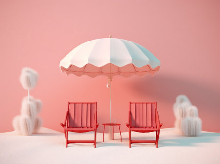 retro vacation chair summer pink holiday parasol umbrella sand sun. Generative AI.の素材