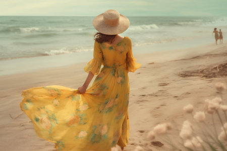 fashion woman person lifestyle dress attractive summer beach hippie beautiful sea. Generative AI.の素材