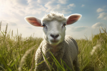 green wool animal sun lamb meadow grass farm sheep field. Generative AI.の素材