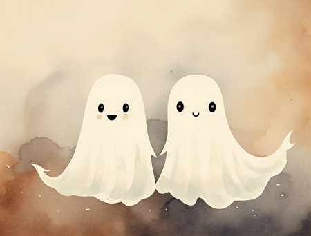 Cute scary ghost funny cartoon halloween autumn illustration horror white spooky characterの素材