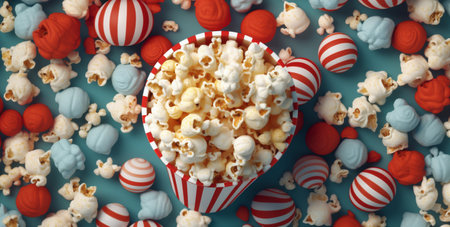 bucket blue film corn food box red background cinema popcorn salty. Generative AI.の素材