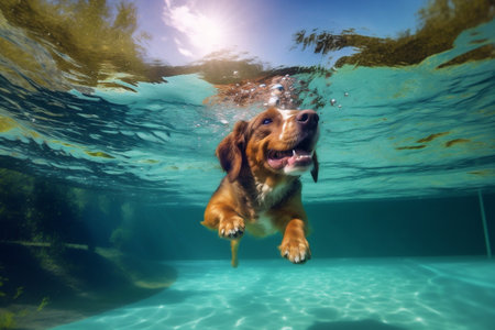fun dog underwater swimming vacation pool water funny snorkeling puppy. Generative AI.の素材