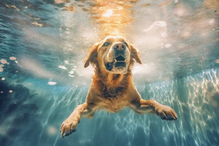 fun dog underwater water snorkeling puppy pool funny swimming vacation. Generative AI.の素材