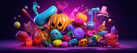 sweet party celebration candy purple spider halloween holiday pumpkin orange. Generative AI.の素材