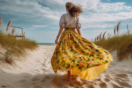 dress woman fashion beach beautiful lifestyle person hippie summer sunset sea. Generative AI.の素材