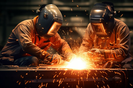 Factory metal manufacturing welder welding steel industrial worker fire spark safety protection constructionの素材