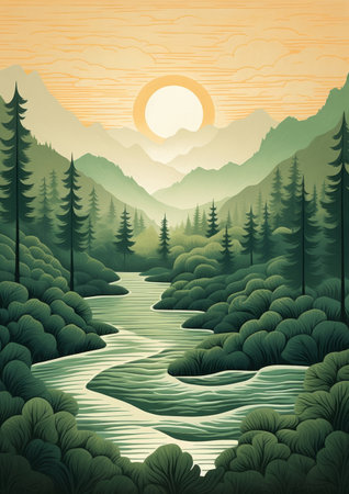 Travel beautiful nature river landscape summer forest water lake mountain sunset tree background skyの素材