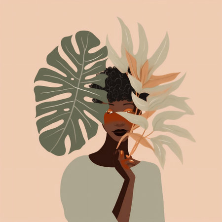 palm woman poster design trendy abstract leaf decoration art print beige. Generative AI.の素材