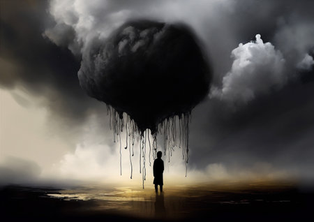 hands woman man poster human black concept dramatic creative dream cloud idea. Generative AI.の素材