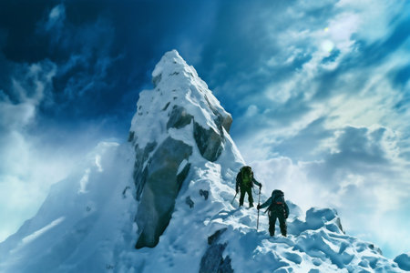 mountain sport hiking snow landscape group adventure nature winter blizzard. Generative AI.の素材
