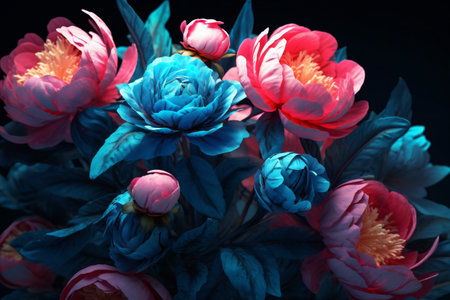 colours bloom peony flora design bright blossom flower nature neon. Generative AI.の素材