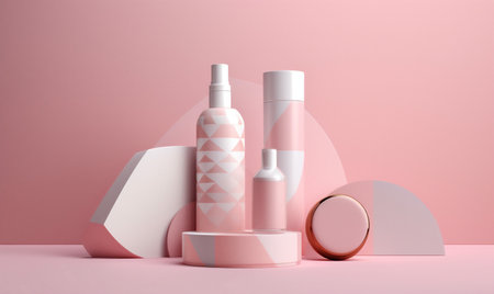 beauty product skincare care bottle cosmetic pink treatment layout pastel background. Generative AI.の素材