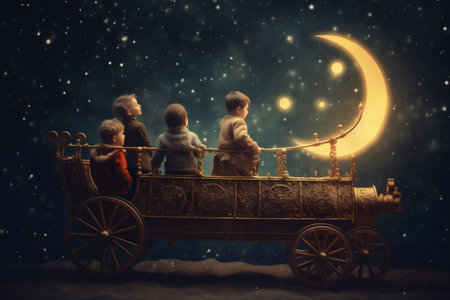 winter magic child year moon snow holiday christmas night claus. Generative AI.の素材