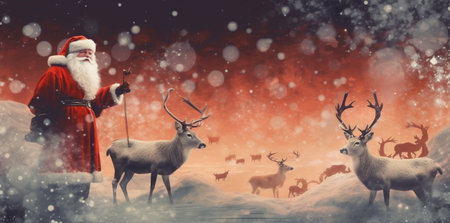 claus sleigh card vintage snow santa reindeer illustration greeting christmas. Generative AI.の素材