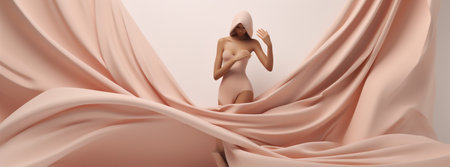 long woman beige fashion beauty background flowing dress flying fabric wind white. Generative AI.の素材