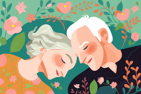 man woman love old retired rest bed together romantic happy asleep couple. Generative AI.の素材