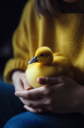 duck hand farm girl little yellow duckling child close-up bird. Generative AI.の素材