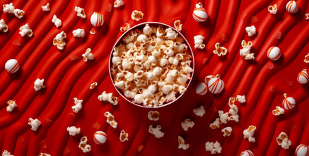 red food corn snack film background blue bucket box cinema popcorn. Generative AI.の素材